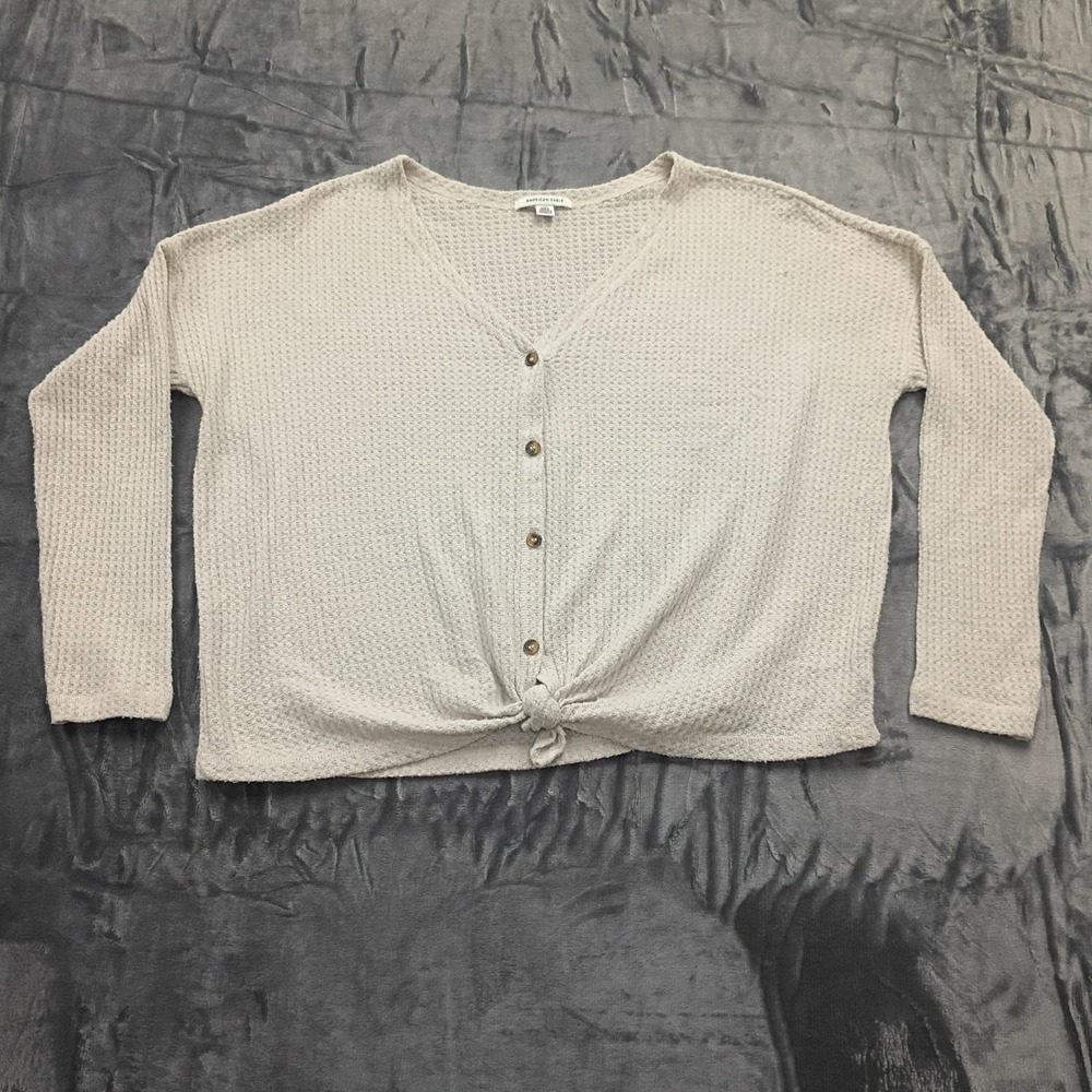 American Eagle Sweater Top L Waffle Knit Cropped Button Front Tie Front Beige